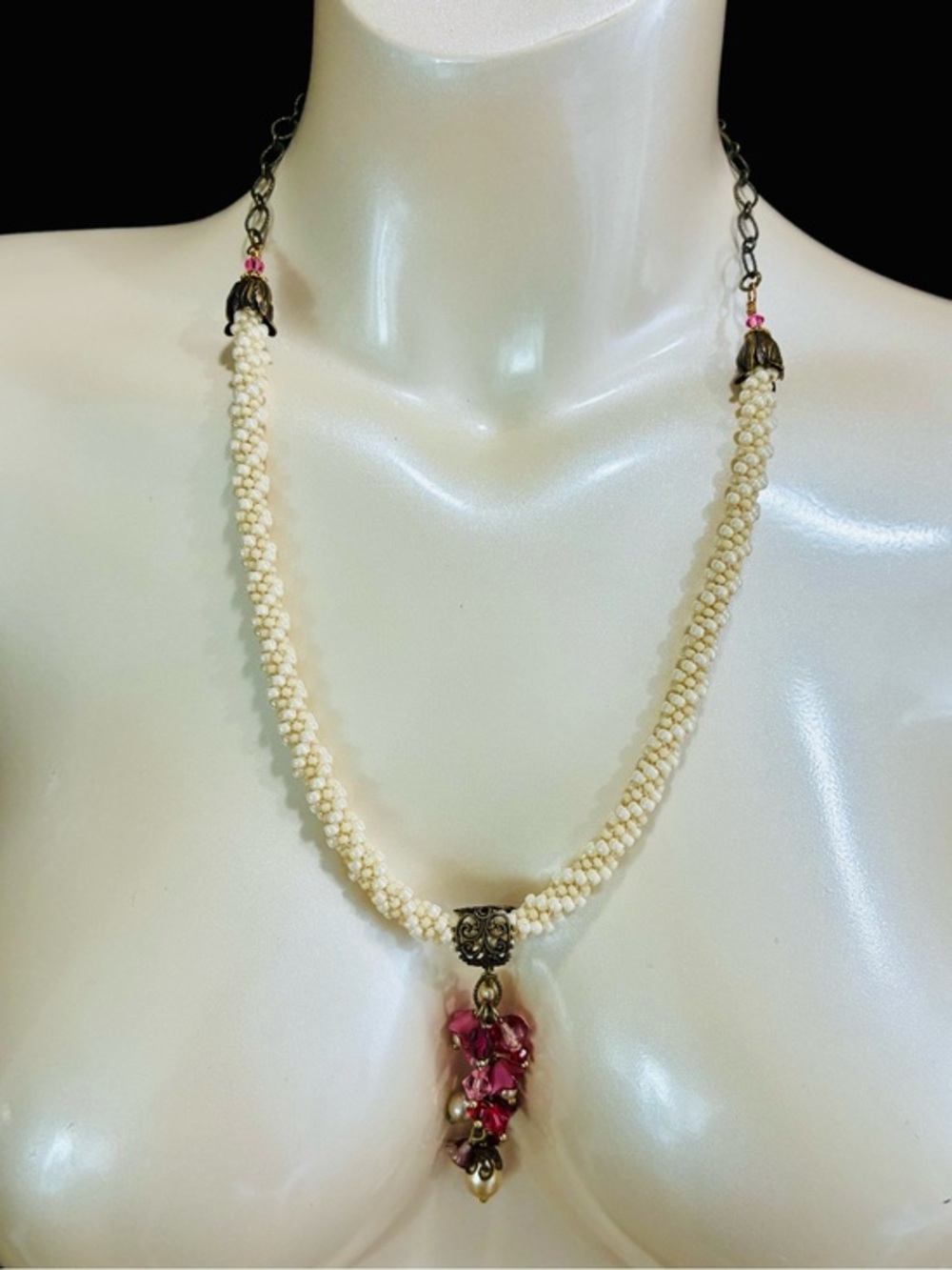 Cream Beaded Necklace with Pink Floral Cluster Charm Pendant